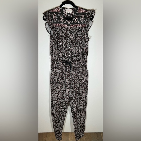 XIRENA Liam jumpsuit black sand aztec boho hippie sz S elastic tie waist - Picture 1 of 11